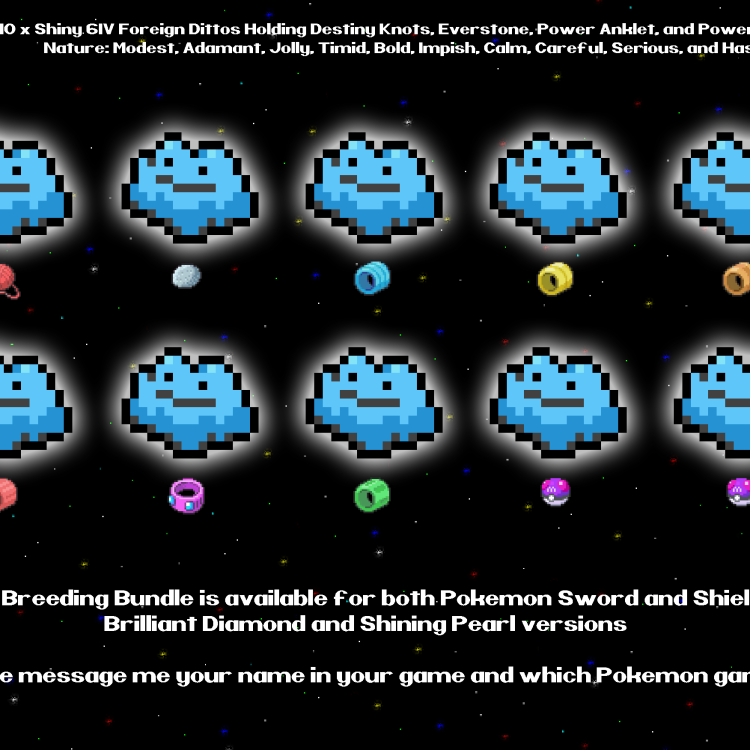 6 x Shiny 6IV Foreign Ditto - Masuda Breeding Pack - Natures: Modest Jolly  Adamant Timid Bold Impish - Pokemon Sword, Shield, Brilliant Diamond,  Shining Pearl, Scarlet, and Violet - elymbmx