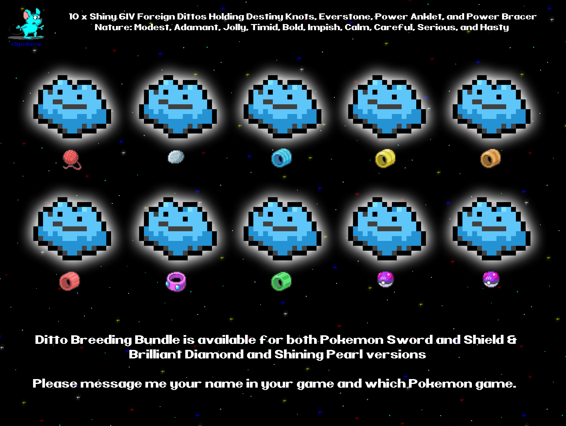 10 x Shiny 6IV Foreign Ditto - Masuda Breeding Pack - Natures: Modest Jolly  Adamant Timid Bold Impish Calm Careful Serious Hasty - Pokemon Sword,  Shield, Brilliant Diamond, Shining Pearl, Scarlet, and Violet - elymbmx