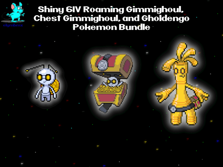 Shiny 6IV Roaming Gimmighoul, Shiny 6IV Gimmighoul in Chest, and Shiny 6IV Gholdengo with Master Balls Bundle for Pokemon Scarlet and Violet Only