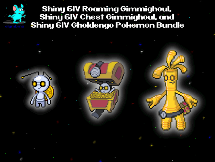 Shiny 6IV Roaming Gimmighoul, Shiny 6IV Gimmighoul in Chest, and Shiny 6IV Gholdengo with Master Balls Bundle for Pokemon Scarlet and Violet Only