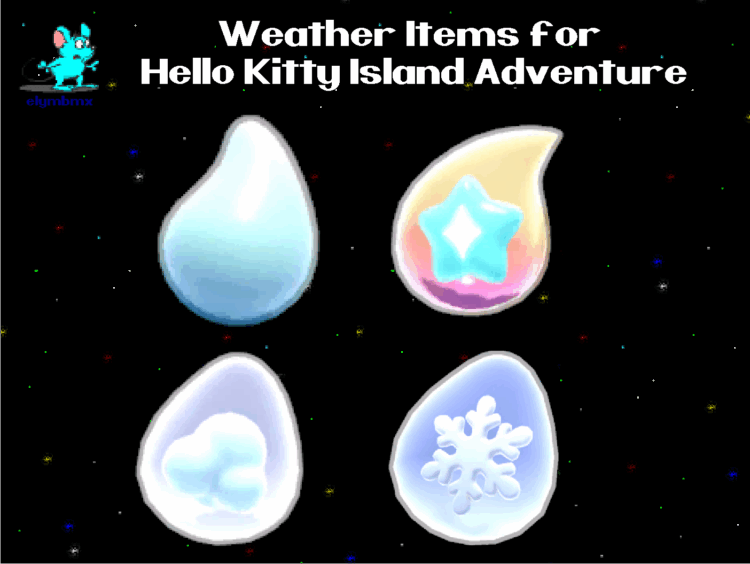 Weather Items (Raindrop, Stardrop, Steamdrop, and Snowdrop) for Hello Kitty Island Adventure