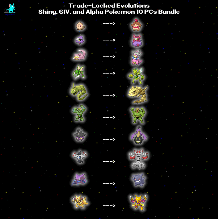 Shiny Alpha 6IV Trade Locked Pokemon Evolutions Evolve Bundle with required items 10 PCs Bundle for Legends Z-A