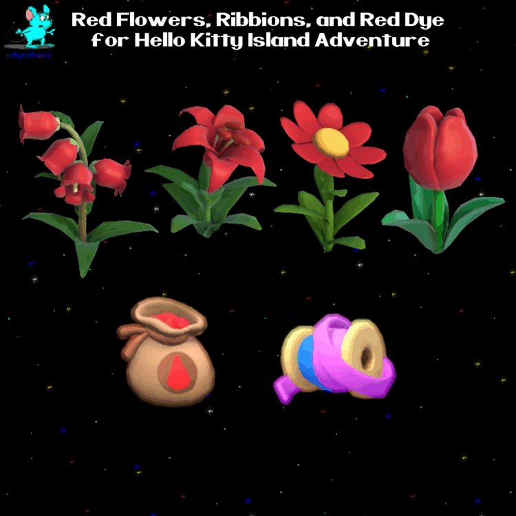 Red Flowers, Ribbons, and Red Dye for Hello Kitty Island Adventure