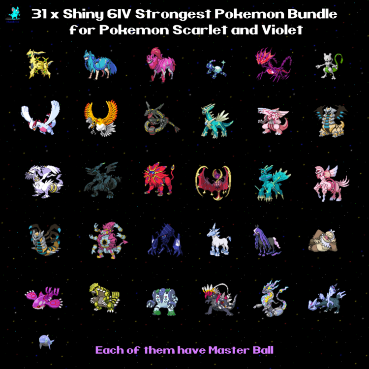 31 x Strongest 6IV Shiny Pokemon with Master Balls - Most Mythical Legendary - 650 and above Total Base Stat - 31 PCs Bundle for Scarlet and Violet