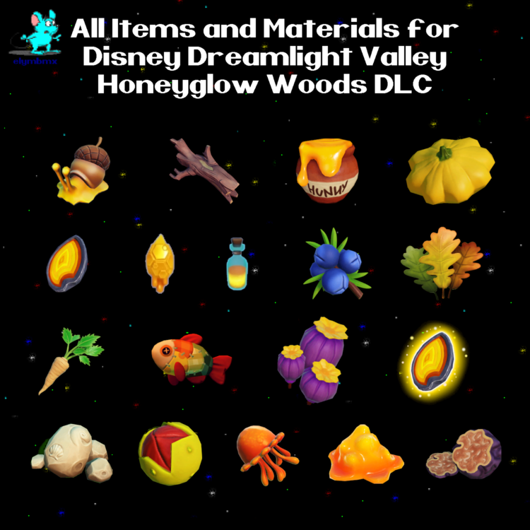 All Honeyglow Woods Items, Enchantments, Foraging, Fish, Seafood, Ingredients, and Crafting Materials Bundle for Disney Dreamlight Valley