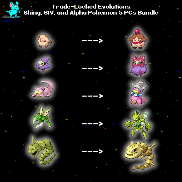 Shiny Alpha 6IV Trade Locked Pokemon Evolutions Evolve Bundle with required items 5 PCs Bundle for Legends Z-A